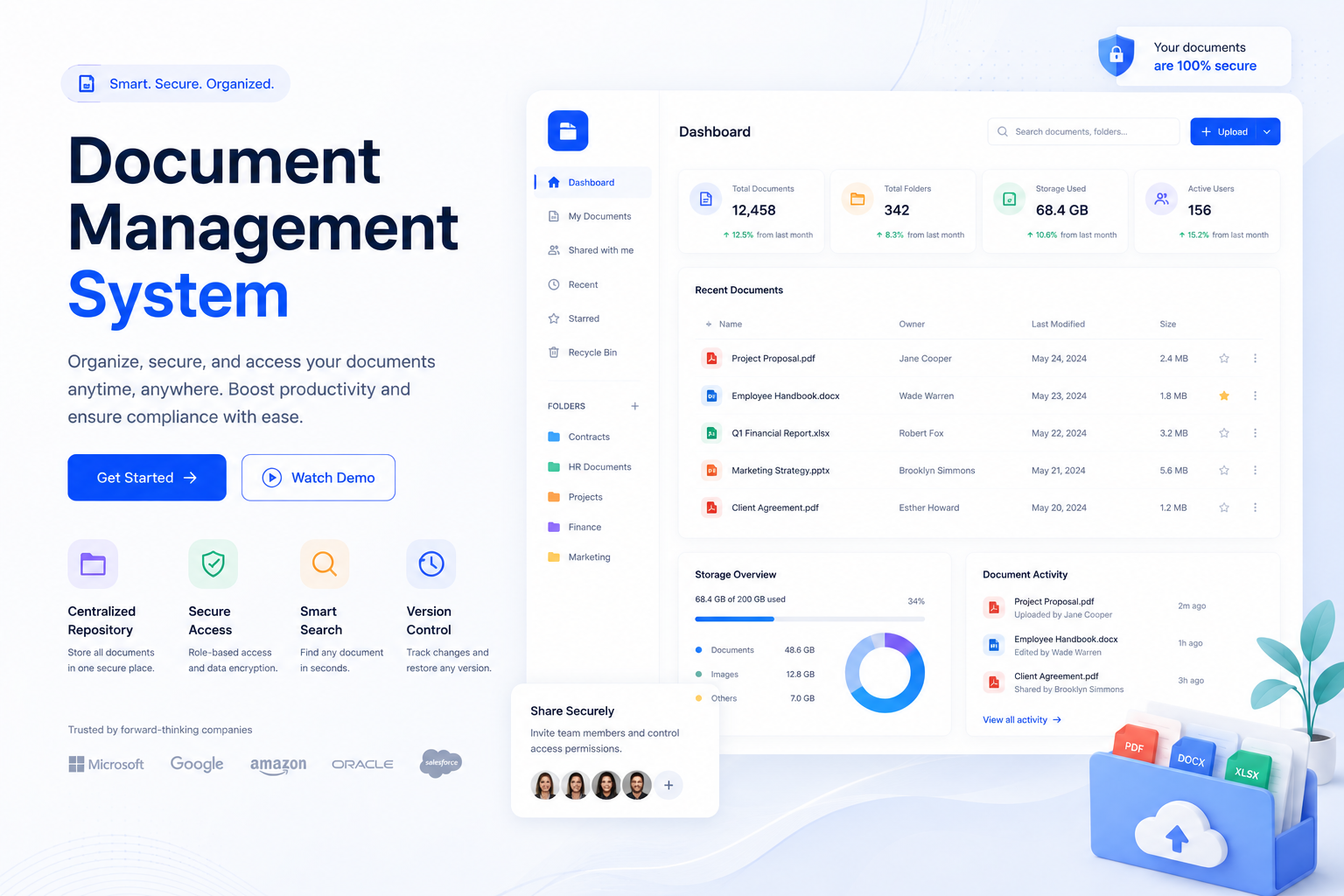 Document Management System Dashboard for Secure Digital Document Storage and Workflow Automation